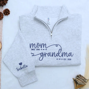 Custom embroidered mom to grandma EST quarter zip sweatshirt personalized gift for new grandma Mother's Day