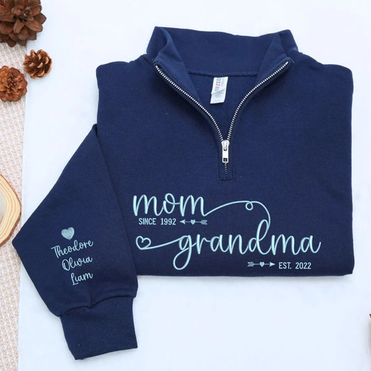 Custom embroidered mom to grandma EST quarter zip sweatshirt personalized gift for new grandma Mother's Day