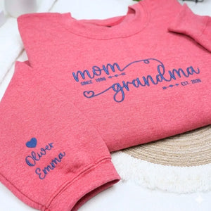 Custom embroidered grandma sweatshirt with grandkids names on sleeve personalized gift for new grandmother
