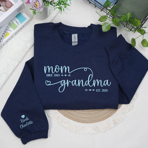 Custom embroidered grandma sweatshirt with grandkids names on sleeve personalized gift for new grandmother