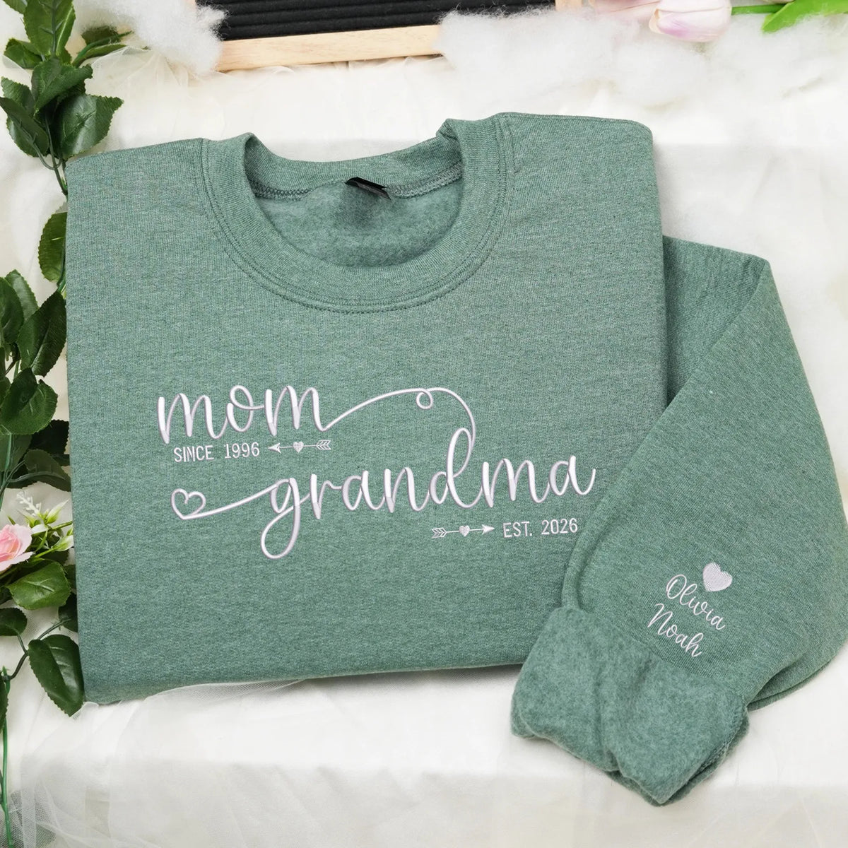 Custom embroidered grandma sweatshirt with grandkids names on sleeve personalized gift for new grandmother