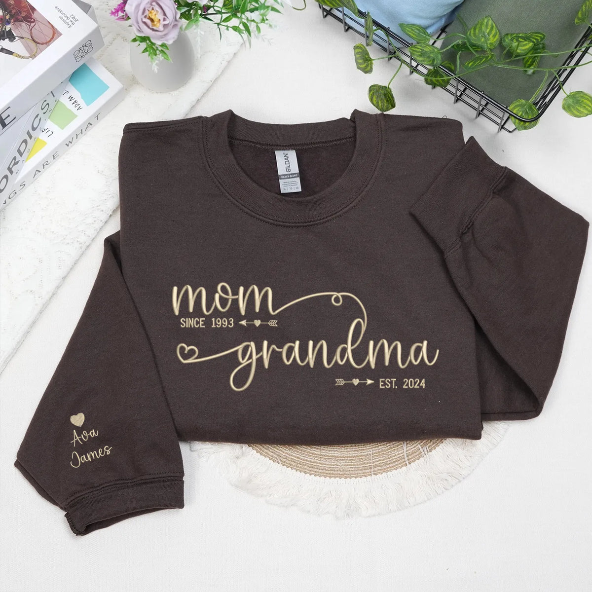 Custom embroidered grandma sweatshirt with grandkids names on sleeve personalized gift for new grandmother