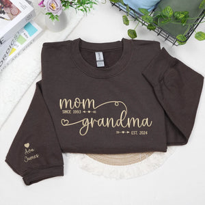 Custom embroidered grandma sweatshirt with grandkids names on sleeve personalized gift for new grandmother