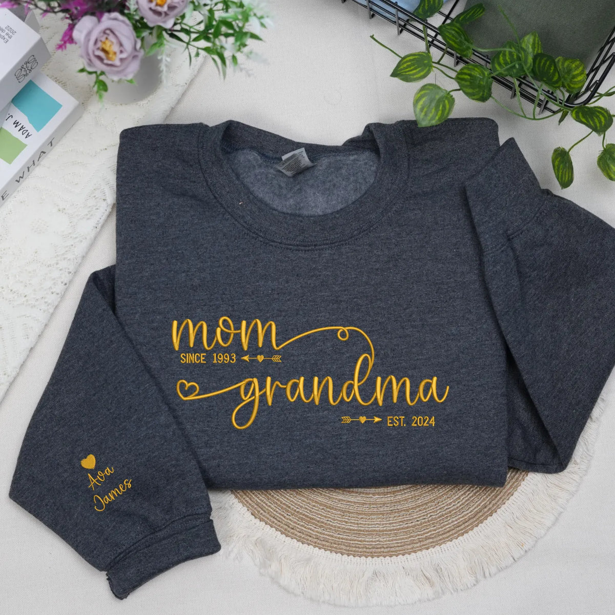 Custom embroidered grandma sweatshirt with grandkids names on sleeve personalized gift for new grandmother