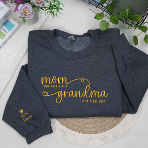 Custom embroidered grandma sweatshirt with grandkids names on sleeve personalized gift for new grandmother