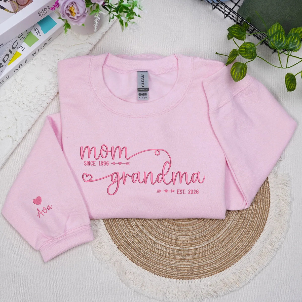 Custom embroidered grandma sweatshirt with grandkids names on sleeve personalized gift for new grandmother