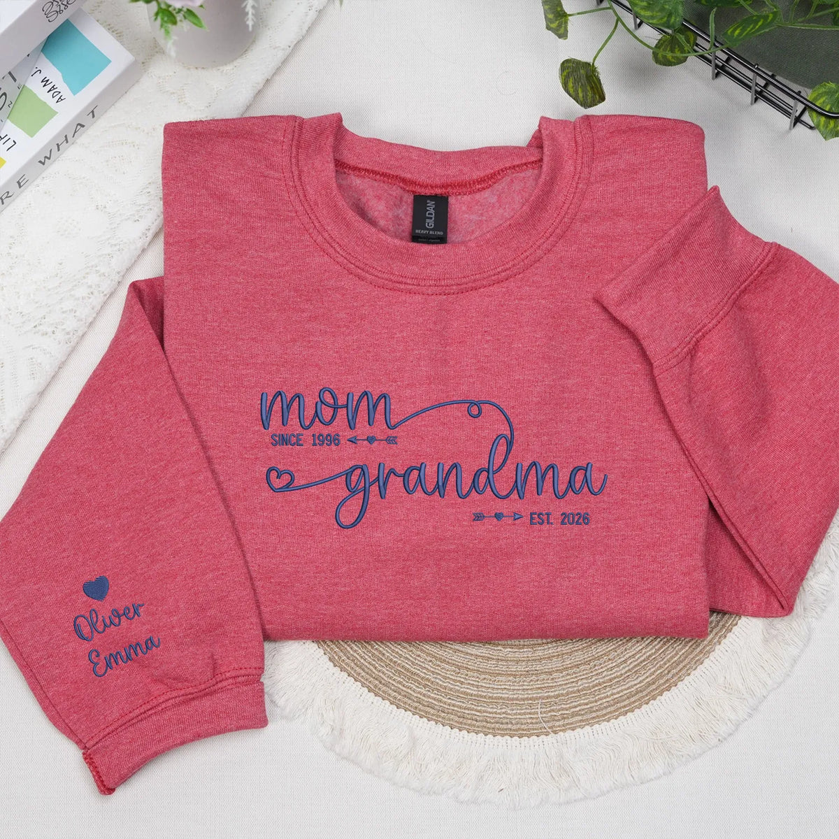 Custom embroidered grandma sweatshirt with grandkids names on sleeve personalized gift for new grandmother