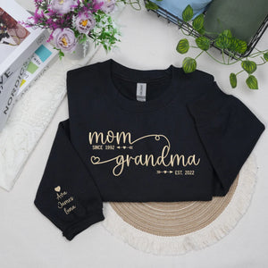Custom embroidered grandma sweatshirt with grandkids names on sleeve personalized gift for new grandmother