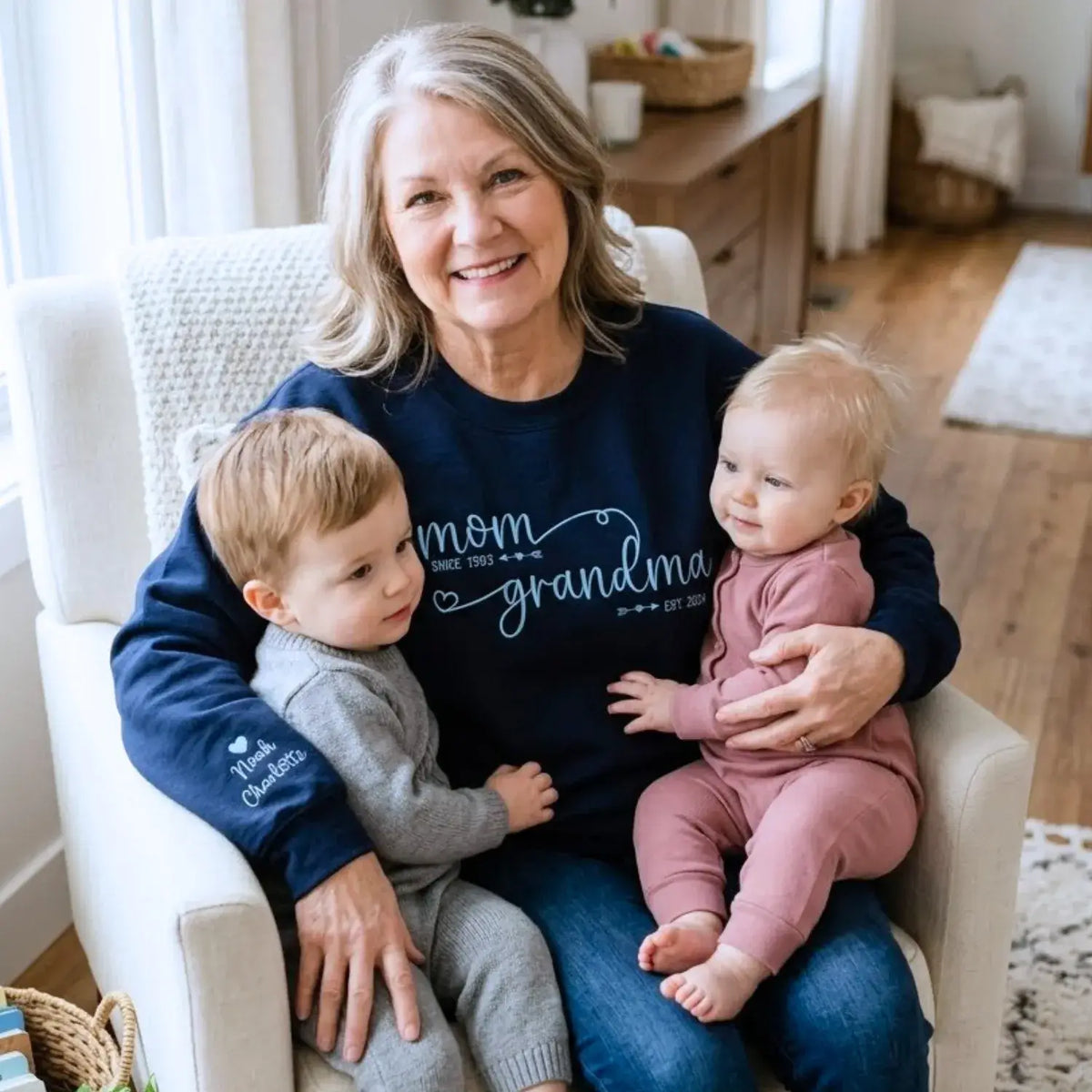 Custom embroidered grandma sweatshirt with grandkids names on sleeve personalized gift for new grandmother