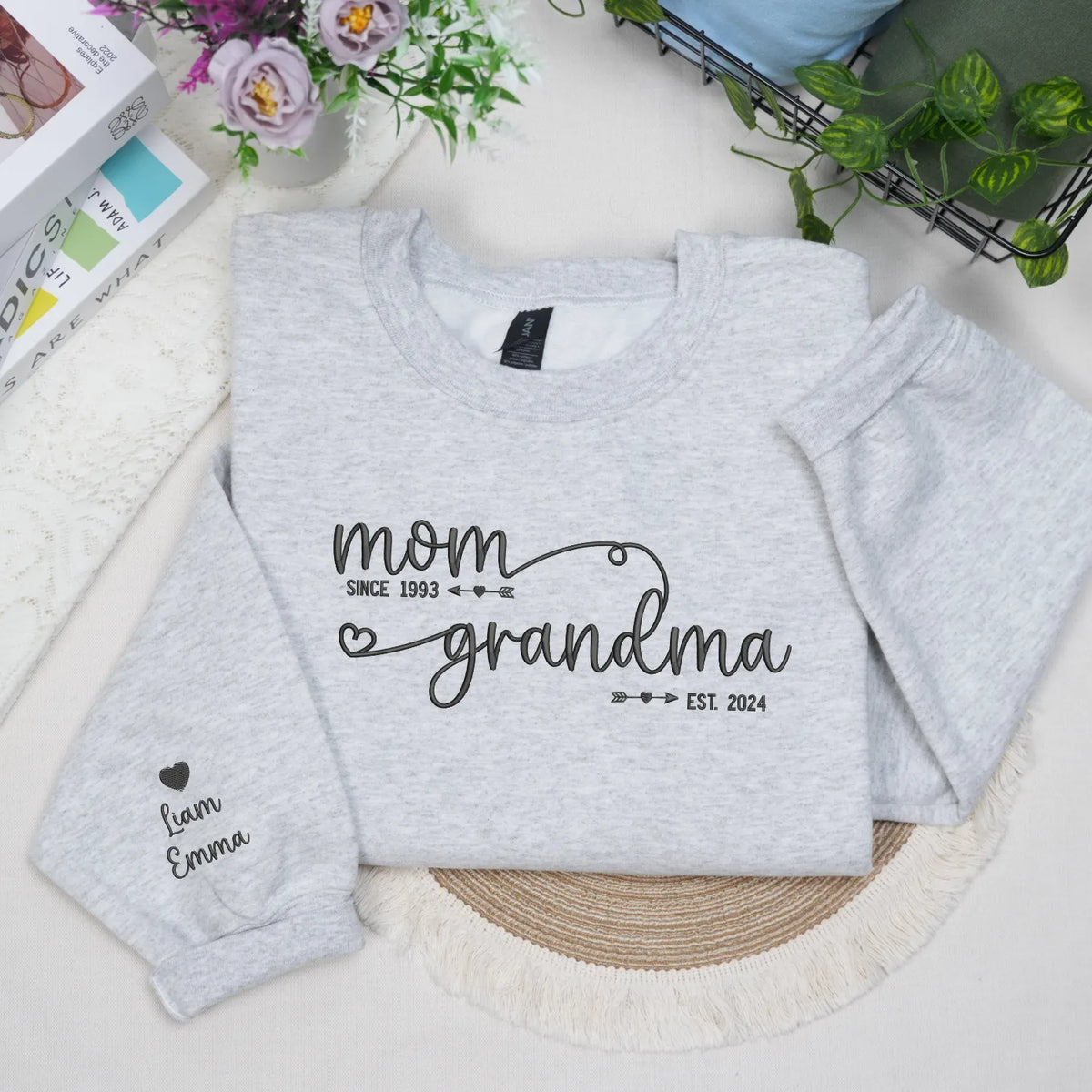 Custom embroidered grandma sweatshirt with grandkids names on sleeve personalized gift for new grandmother