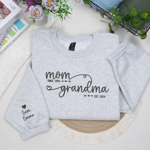 Custom embroidered grandma sweatshirt with grandkids names on sleeve personalized gift for new grandmother