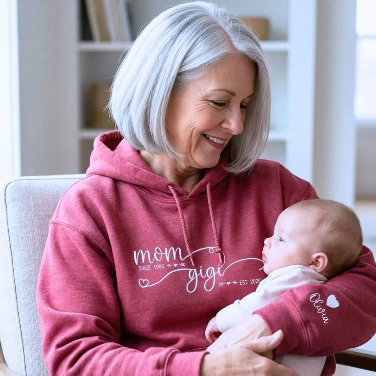Custom embroidered Gigi sweatshirt in soft fabric, perfect heartfelt Mother’s Day gift for grandmother