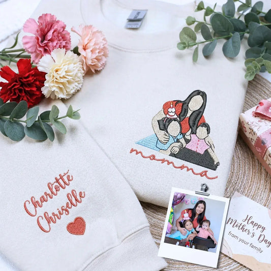 custom embroidered mom sweatshirt with family photo portrait and kids names on sleeve