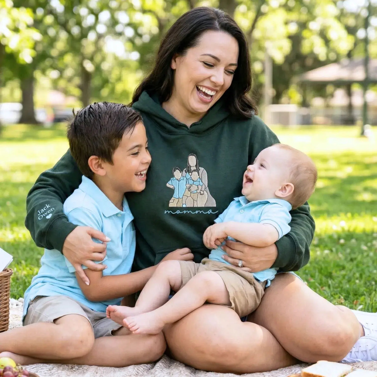 custom embroidered mom sweatshirt with family photo portrait and kids names on sleeve