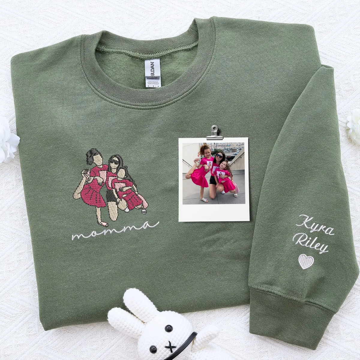 custom embroidered mom sweatshirt with family photo portrait and kids names on sleeve