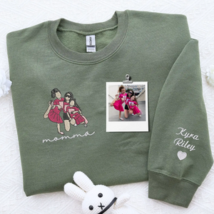 custom embroidered mom sweatshirt with family photo portrait and kids names on sleeve