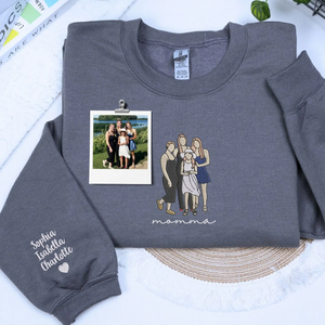 custom embroidered mom sweatshirt with family photo portrait and kids names on sleeve