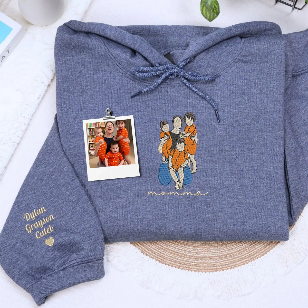 custom embroidered mom sweatshirt with family photo portrait and kids names on sleeve