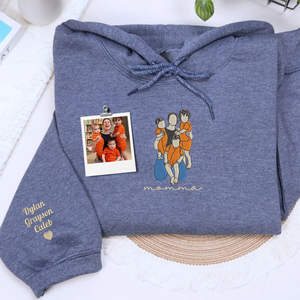 custom embroidered mom sweatshirt with family photo portrait and kids names on sleeve