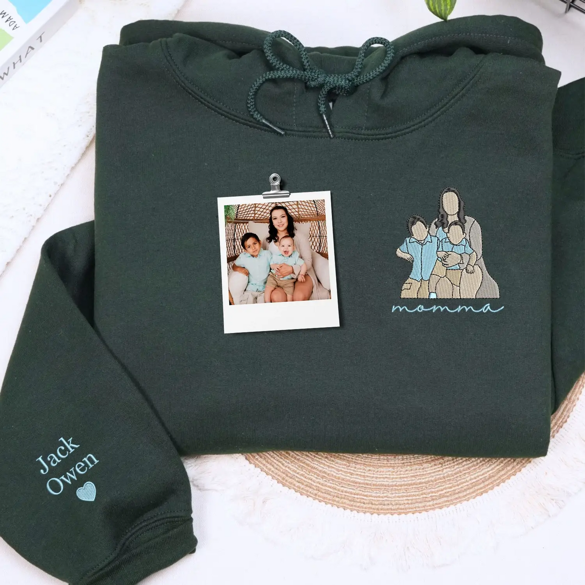 custom embroidered mom sweatshirt with family photo portrait and kids names on sleeve