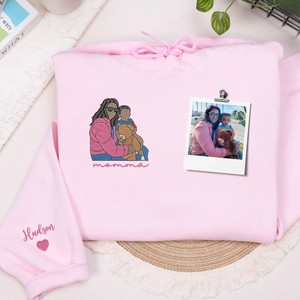 custom embroidered mom sweatshirt with family photo portrait and kids names on sleeve