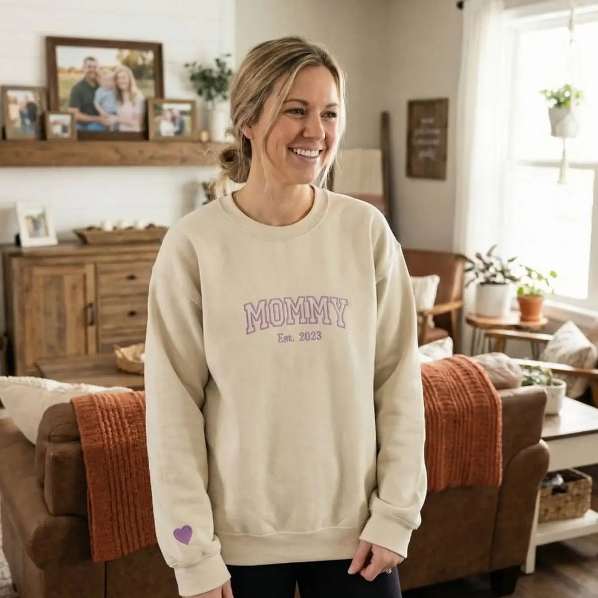 Custom embroidered mommy sweatshirt with kids name on sleeve personalized pregnancy gift for mom to be