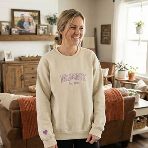 Custom embroidered mommy sweatshirt with kids name on sleeve personalized pregnancy gift for mom to be