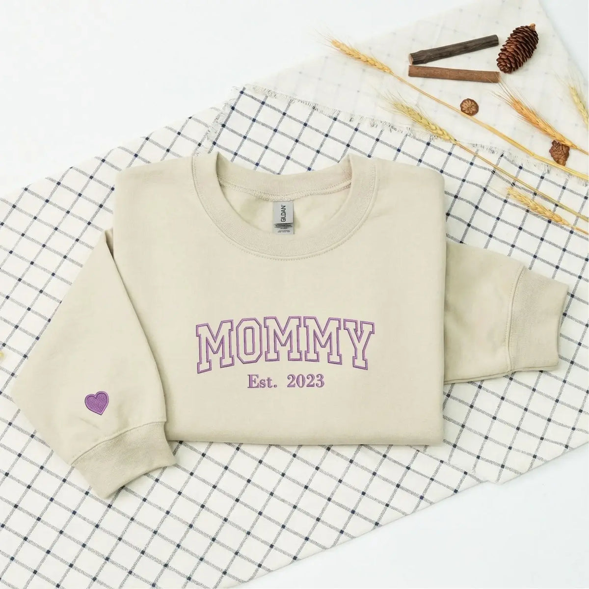 Custom embroidered mommy sweatshirt with kids name on sleeve personalized pregnancy gift for mom to be