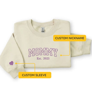 Custom embroidered mommy sweatshirt with kids name on sleeve personalized pregnancy gift for mom to be