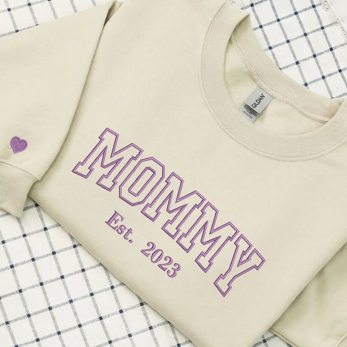 Custom embroidered mommy sweatshirt with kids name on sleeve personalized pregnancy gift for mom to be