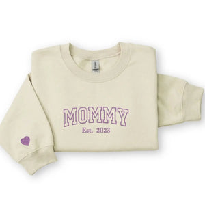 Custom embroidered mommy sweatshirt with kids name on sleeve personalized pregnancy gift for mom to be
