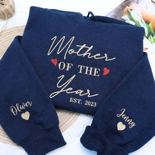 Custom Mother of The Year Sweatshirt or Hoodie with Kids Names on Sleeve, Mother's Day Gift for Wife