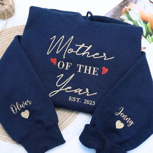 Custom Mother of The Year Sweatshirt or Hoodie with Kids Names on Sleeve, Mother's Day Gift for Wife