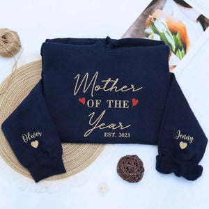 Custom Mother of The Year sweatshirt with kids names embroidered on sleeve, personalized Mother’s Day gift for wife
