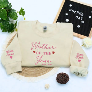 Custom Mother of The Year sweatshirt with kids names embroidered on sleeve, personalized Mother’s Day gift for wife