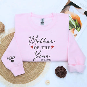 Custom Mother of The Year sweatshirt with kids names embroidered on sleeve, personalized Mother’s Day gift for wife