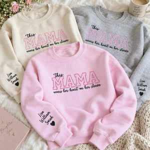 Custom Mother's Day Gift With Embroidered This Mama Wears Her Heart on Her Sleeve Sweatshirt or Hoodie