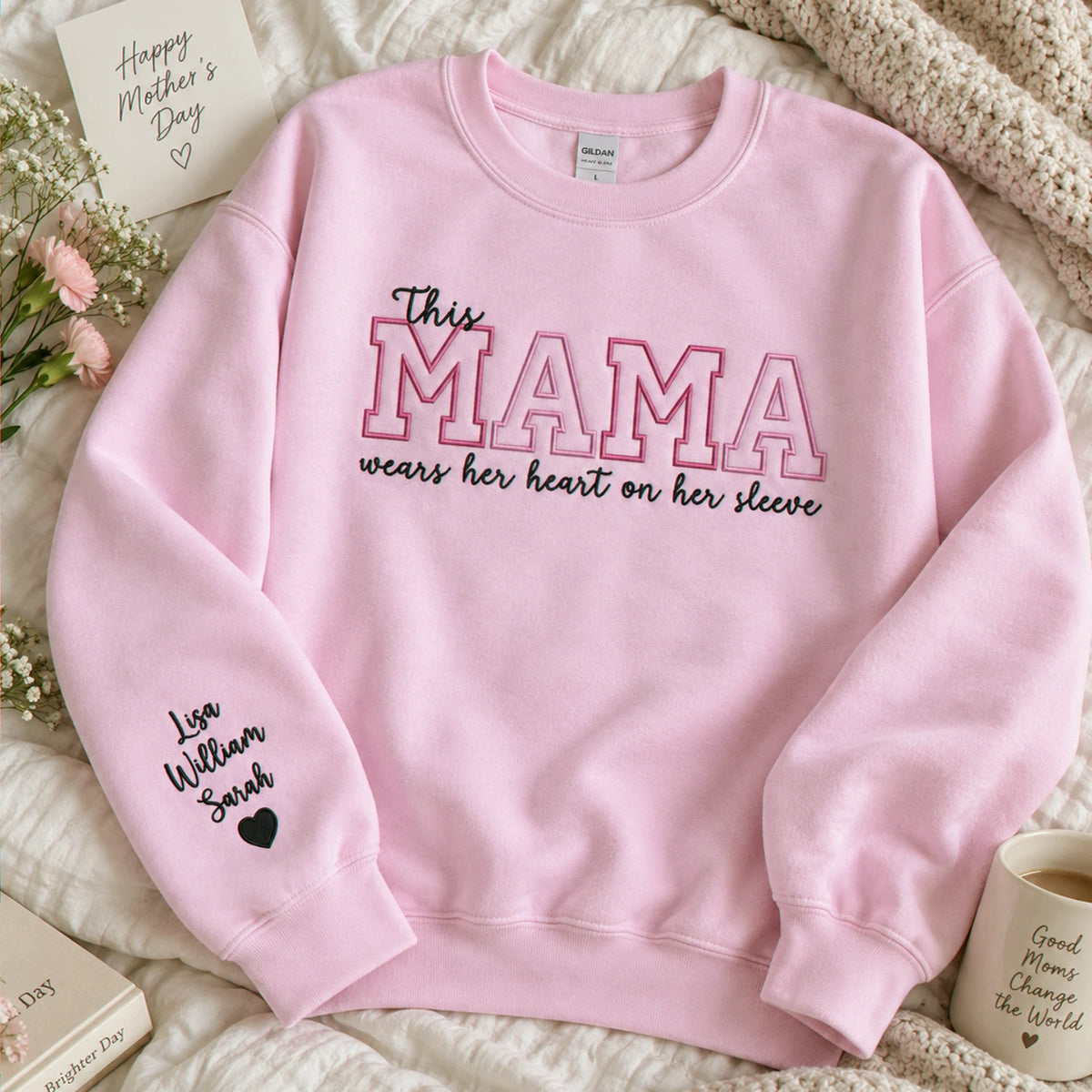 Custom Mother's Day Gift With Embroidered This Mama Wears Her Heart on Her Sleeve Sweatshirt or Hoodie