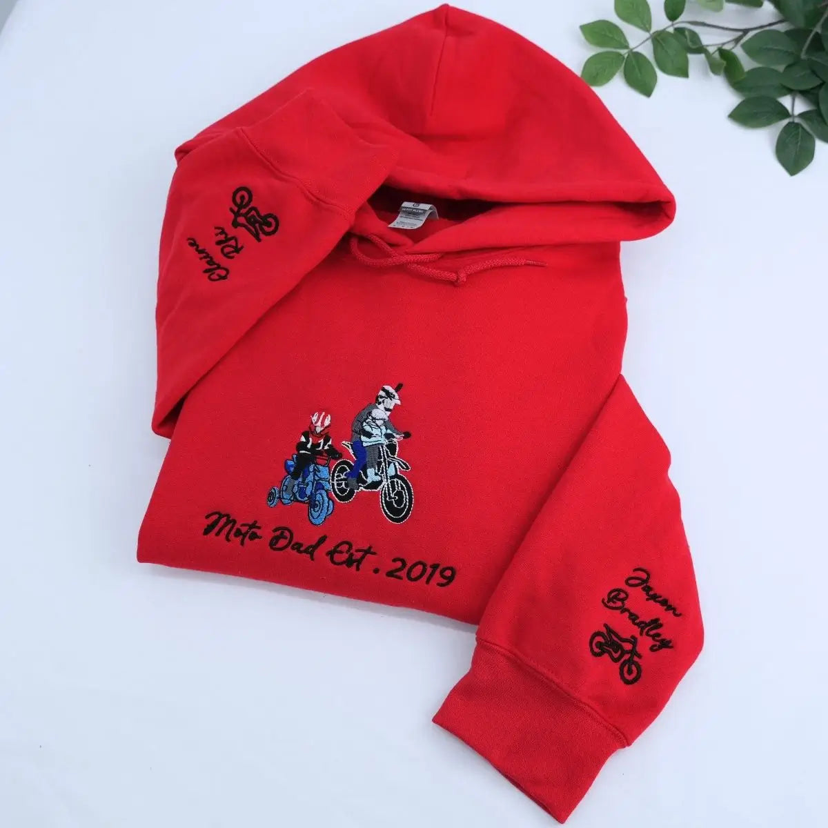Custom embroidered hoodie for motorcycle dad based on personal photo – unique biker gift