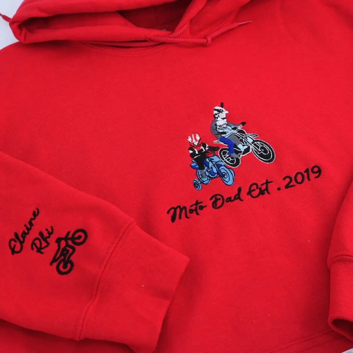 Custom embroidered hoodie for motorcycle dad based on personal photo – unique biker gift