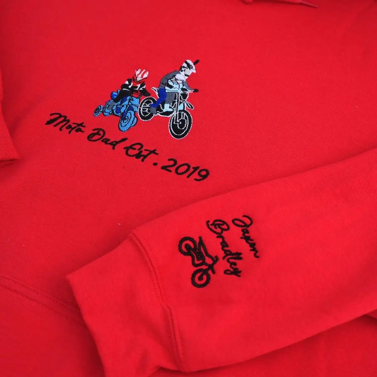 Custom embroidered hoodie for motorcycle dad based on personal photo – unique biker gift