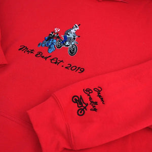 Custom embroidered hoodie for motorcycle dad based on personal photo – unique biker gift
