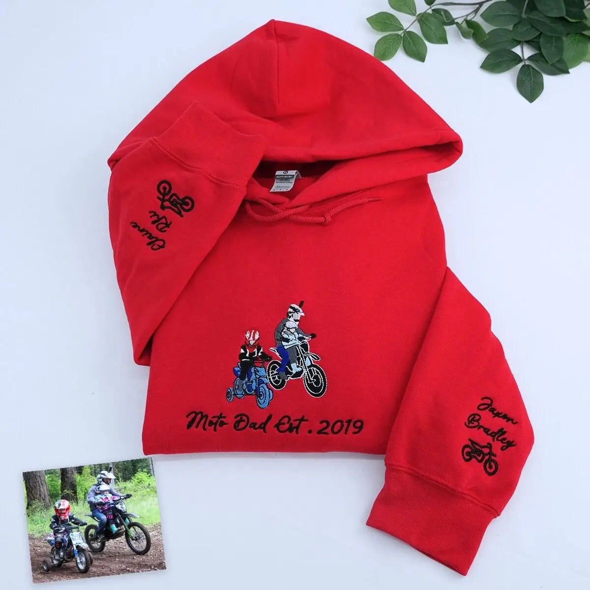 Custom embroidered hoodie for motorcycle dad based on personal photo – unique biker gift