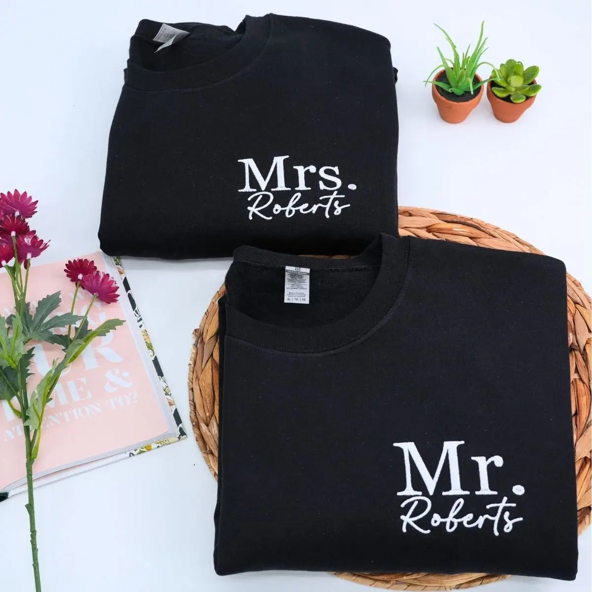 Custom embroidered Mr and Mrs sweatshirt with personalized initials on sleeve, matching newlywed outfit
