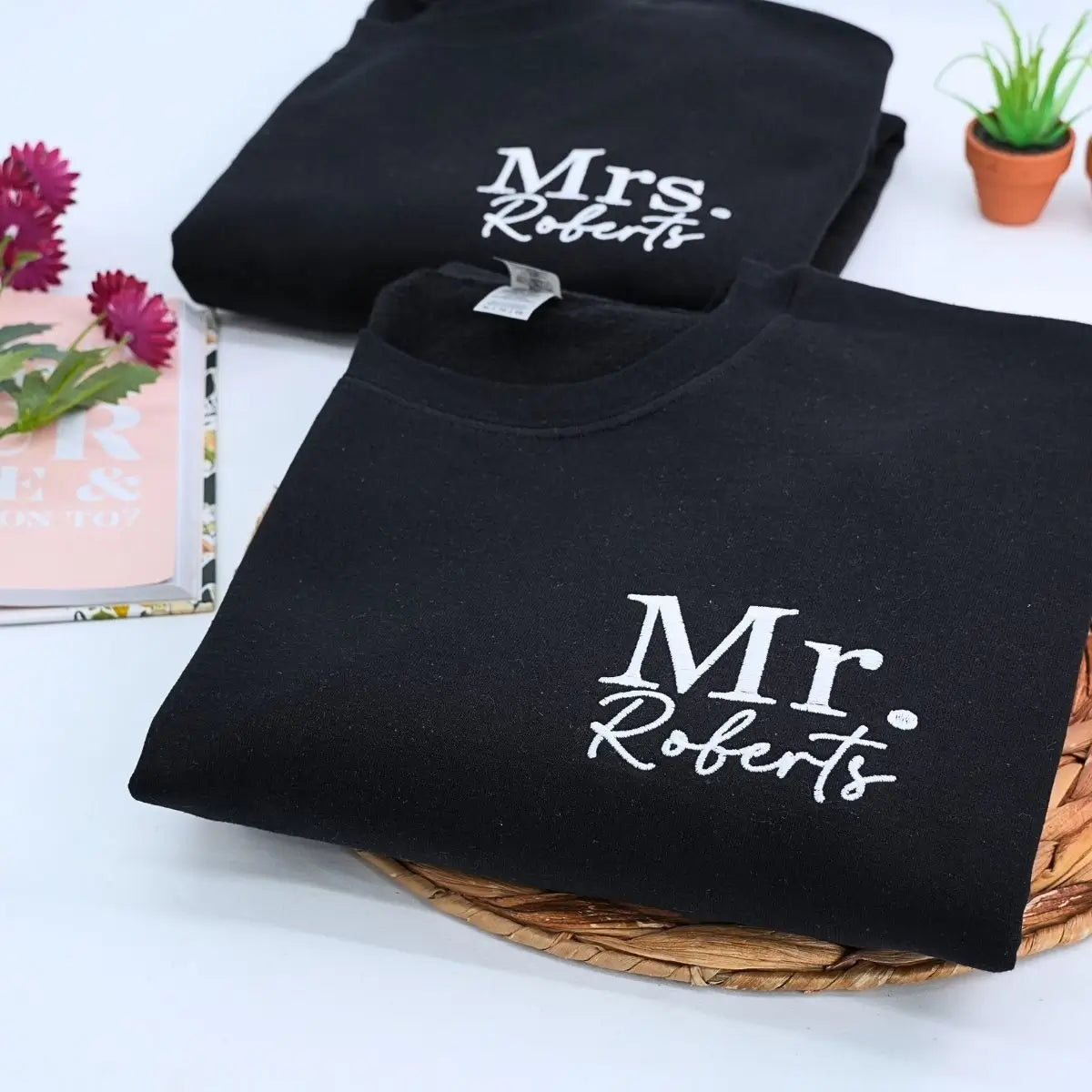 Custom embroidered Mr and Mrs sweatshirt with personalized initials on sleeve, matching newlywed outfit