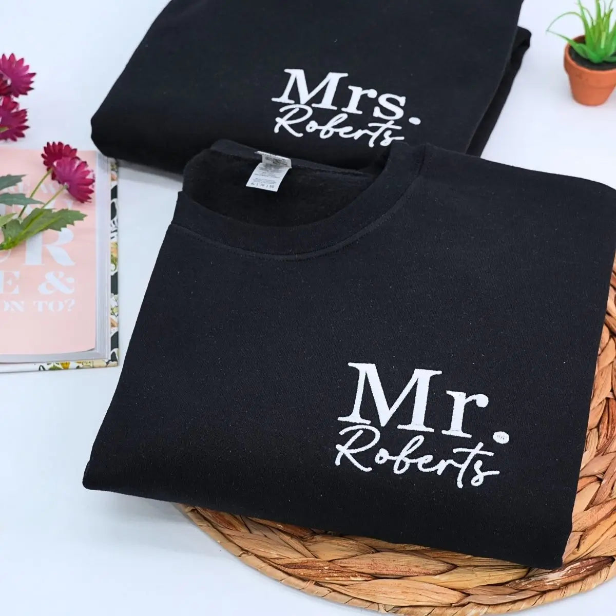 Custom embroidered Mr and Mrs sweatshirt with personalized initials on sleeve, matching newlywed outfit