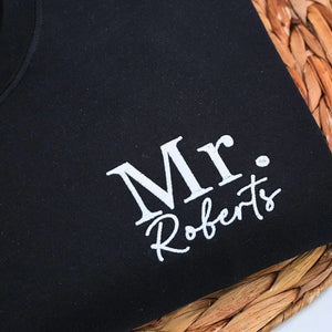 Custom embroidered Mr and Mrs sweatshirt with personalized initials on sleeve, matching newlywed outfit