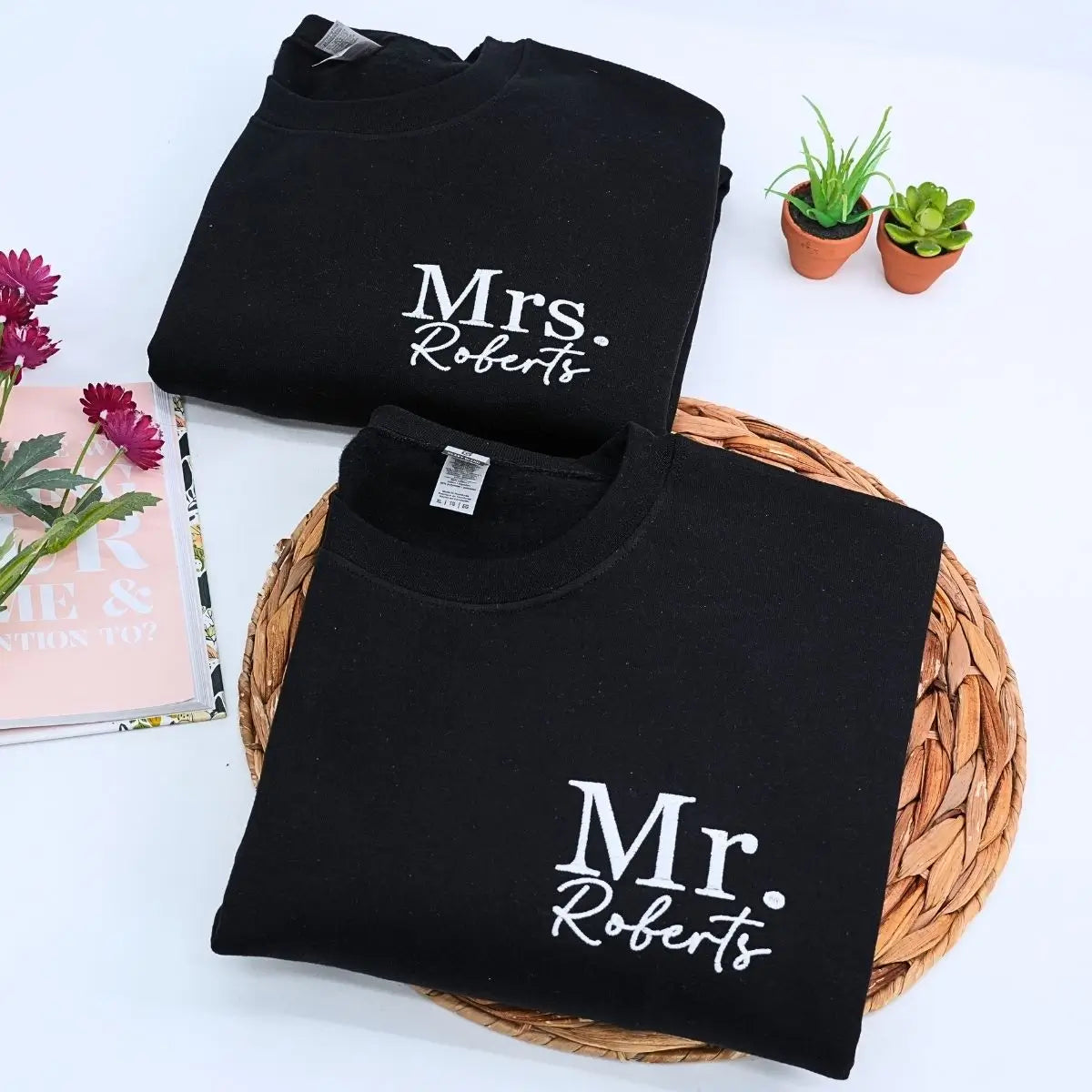 Custom embroidered Mr and Mrs sweatshirt with personalized initials on sleeve, matching newlywed outfit