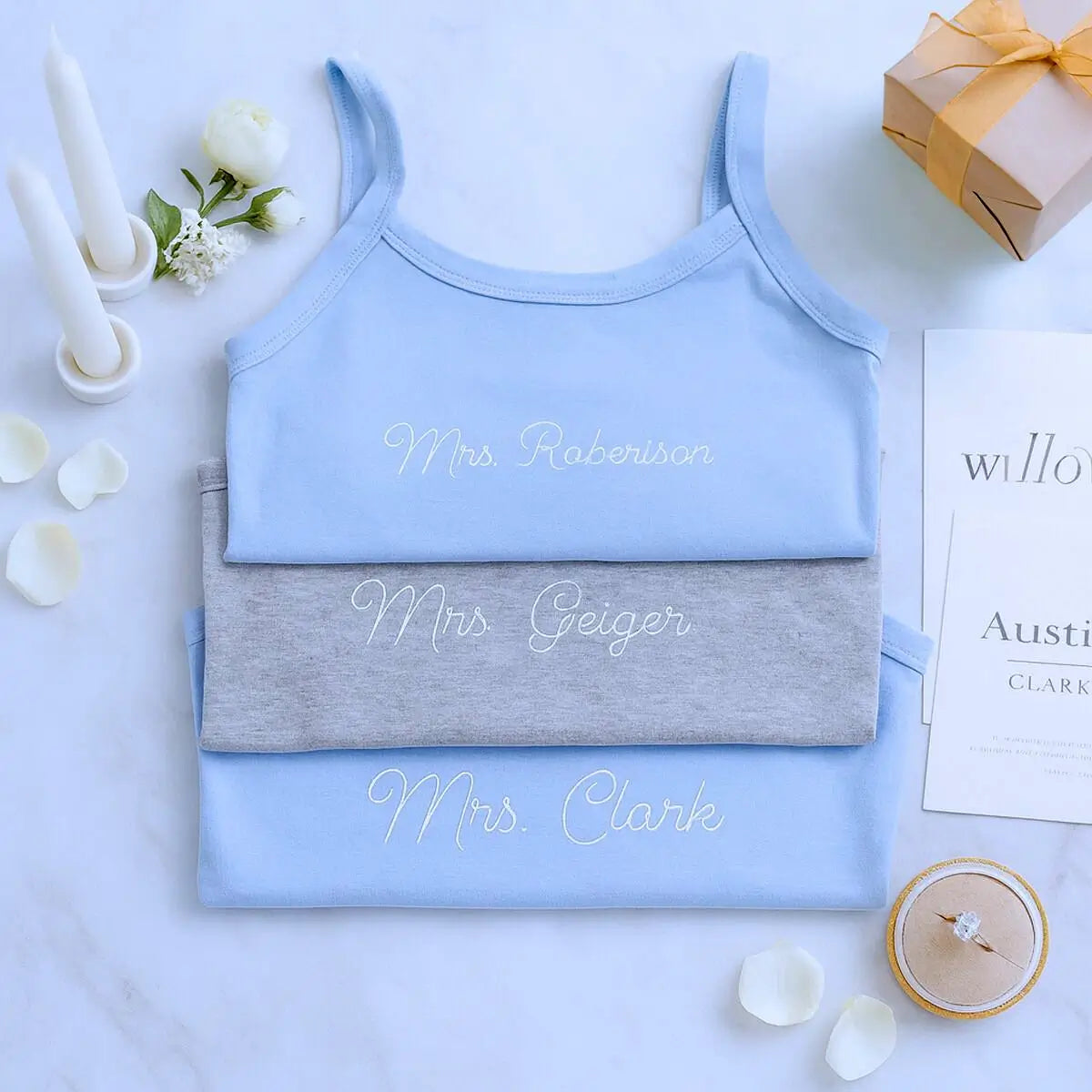 Custom embroidered Mrs pajama set with tank and jogger for bride’s wedding morning