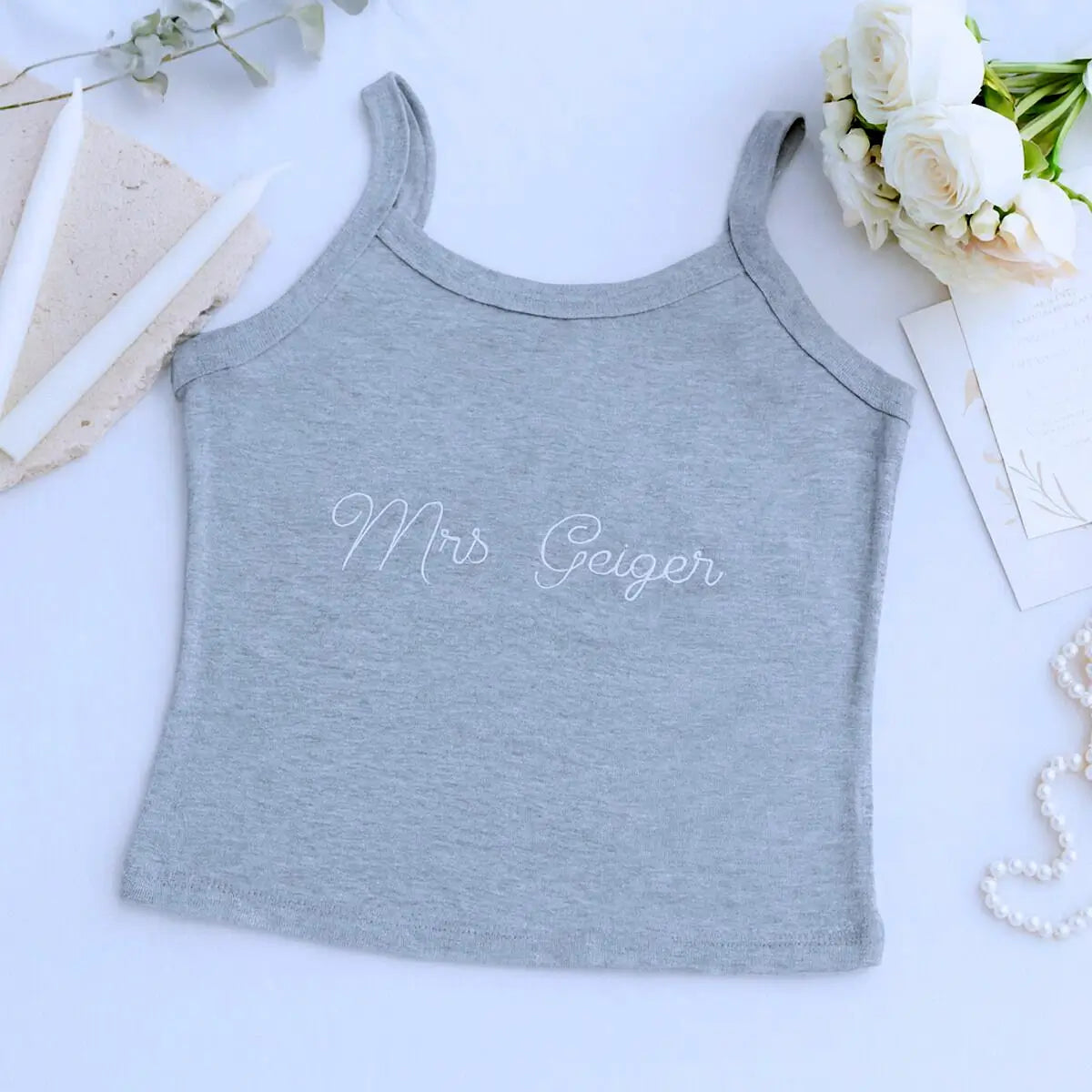 Custom embroidered Mrs pajama set with tank and jogger for bride’s wedding morning